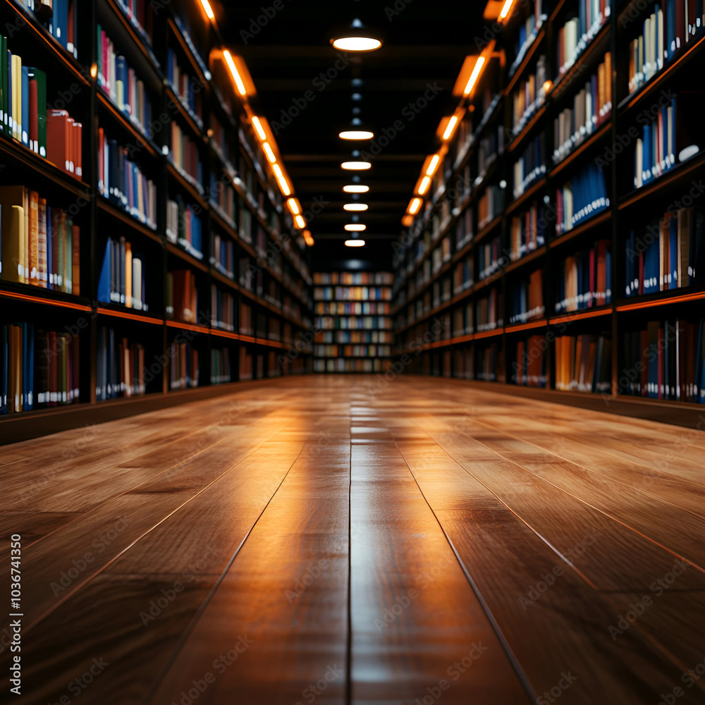 Library interior with rows of books and lights Library interior with rows of books and lights