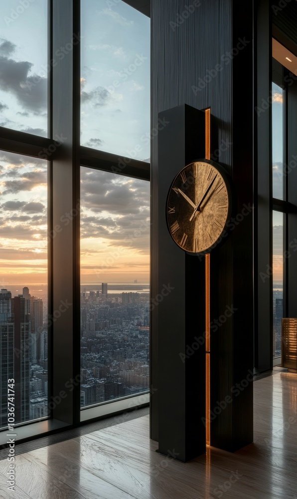 Modern clock and cityscape view through window. Modern clock and cityscape view through window.