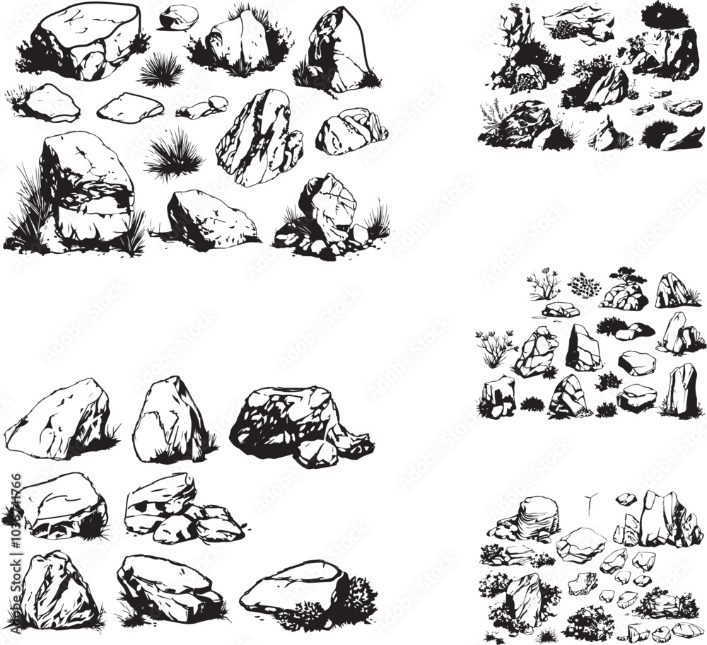 Fototapeta premium Whispers of Nature: Minimalist Ink Drawings of Hills and Rocks