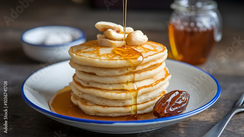 Maqshoush: Small, fluffy pancakes served with honey or sugar. Soft and slightly golden, arranged in a stack with a drizzle of honey or syrup, accompanied by dates or nuts for added texture.