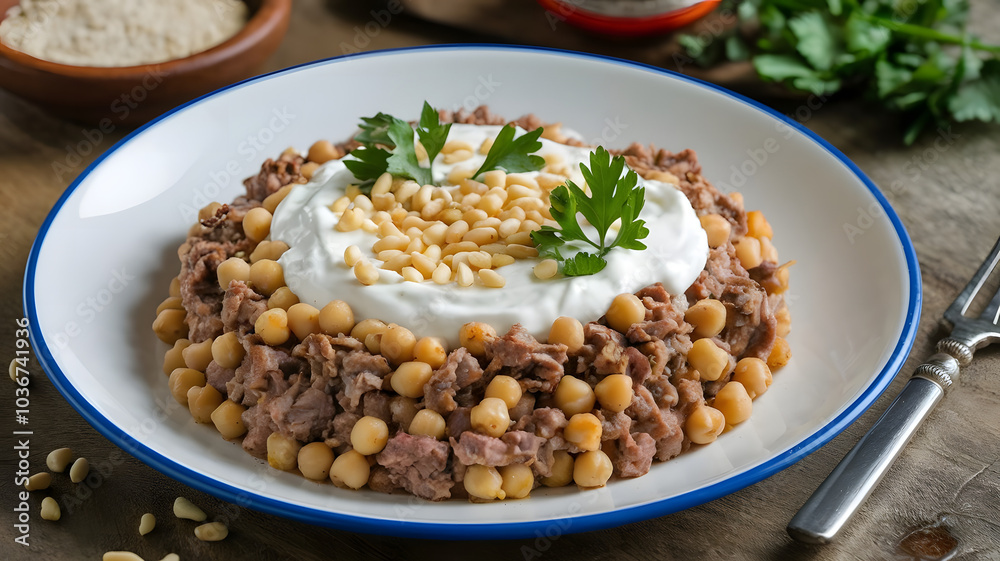 Masrouaa: Traditional Levantine dish of minced meat and chickpeas in a creamy yogurt sauce. Tender meat and chickpeas are garnished with pine nuts and parsley for added flavor.
Masrouaa: Traditional Levantine dish of minced meat and chickpeas in a creamy yogurt sauce. Tender meat and chickpeas are garnished with pine nuts and parsley for added flavor.