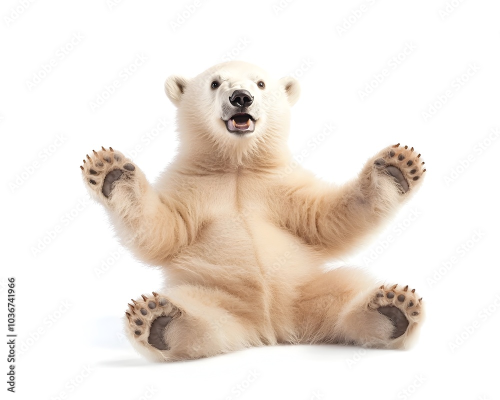 Obraz premium Chubby Polar Bear Cub in Playful Pose with Outstretched Paws on White Background