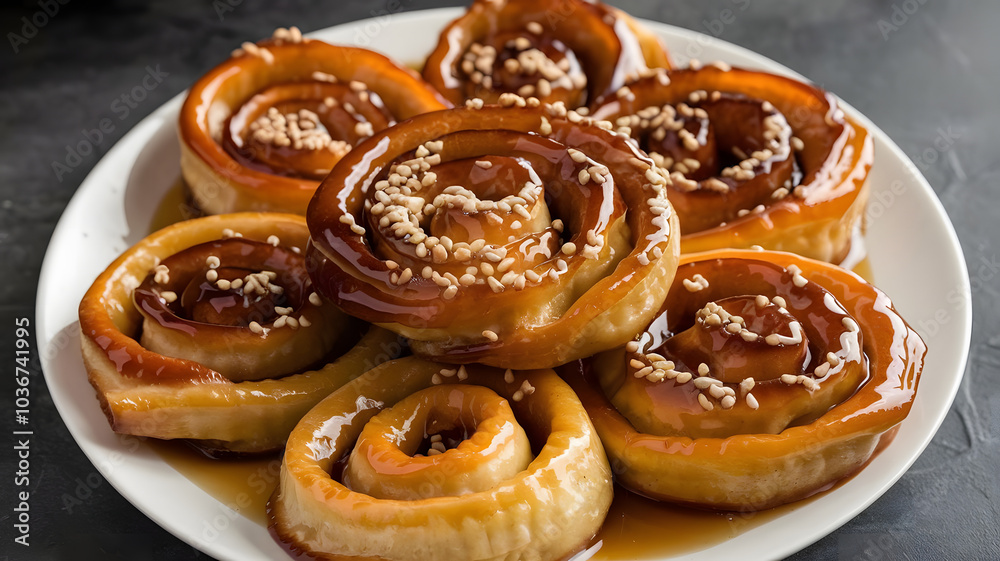 Meshabek: Sweet, spiral-shaped pastries made from fried dough soaked in syrup. Golden and crispy, served warm with a glossy syrup coating and sprinkled with sesame seeds.
Meshabek: Sweet, spiral-shaped pastries made from fried dough soaked in syrup. Golden and crispy, served warm with a glossy syrup coating and sprinkled with sesame seeds.