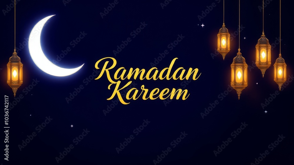 Naklejka premium Islamic mosque with moon, stars, lanterns and clouds at night. Ramadan kareem greeting banner template vector with gold and green colours