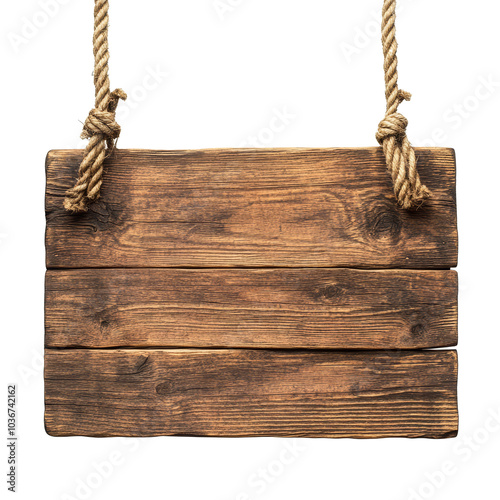 Rustic wooden signboard with hanging ropes isolated on a transparent background for decoration or signage, Rustic Wooden Signboard with Hanging Ropes isolated on transparent background photo