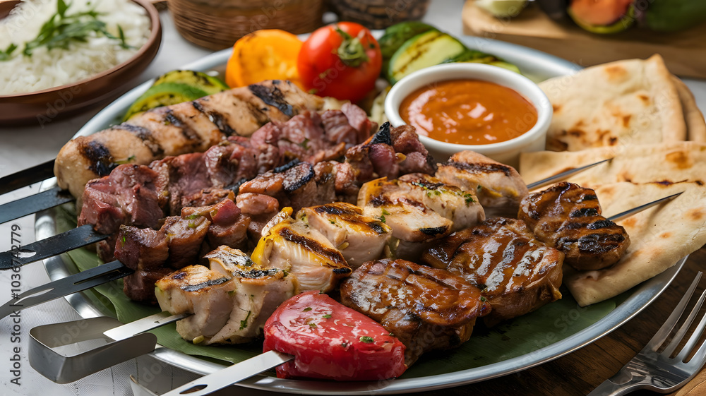 Syrian grilled meat skewers: A platter of marinated lamb, chicken, and beef, charred to perfection for a smoky flavor. Served with grilled vegetables, flatbread, and tangy garlic sauce.
Syrian grilled meat skewers: A platter of marinated lamb, chicken, and beef, charred to perfection for a smoky flavor. Served with grilled vegetables, flatbread, and tangy garlic sauce.