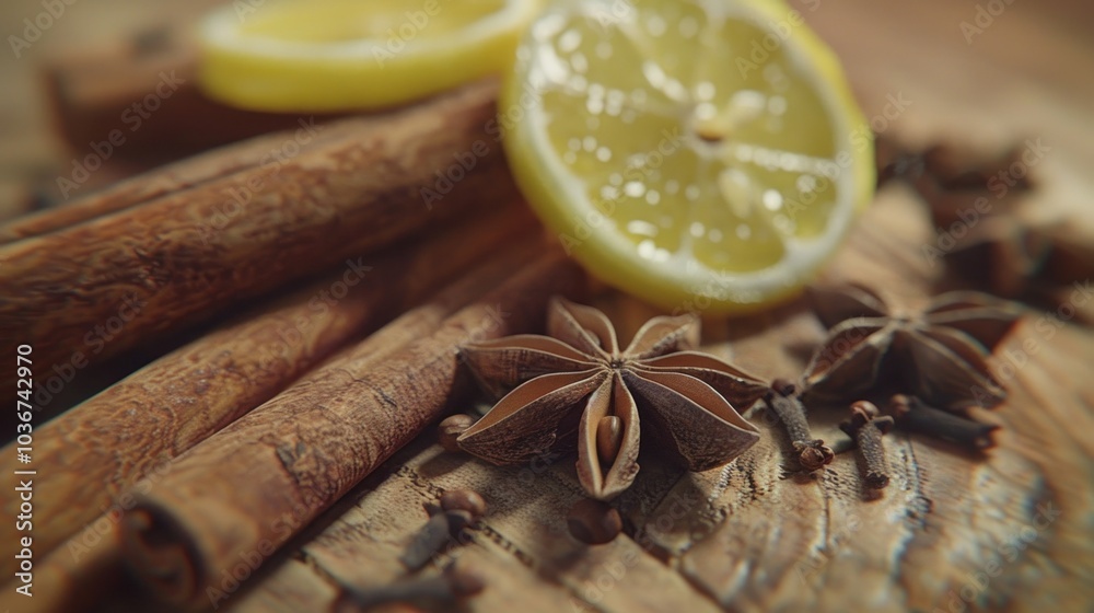 Cinnamon Sticks, Star Anise, Cloves, and Lemon Slices Cinnamon Sticks, Star Anise, Cloves, and Lemon Slices