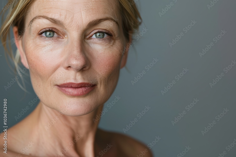 Close-up of a beautiful older woman posing in a studio with a neutral background Close-up of a beautiful older woman posing in a studio with a neutral background