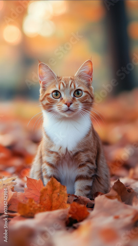 Ginger cat in fall leaves