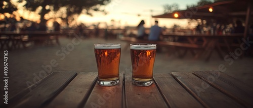 Golden Hour Beers: Cheers at Sunset, Happy Hour at the Outdoor Bar, Twilight Terrace Drinks,Sunset Beer at Oktoberfest photo