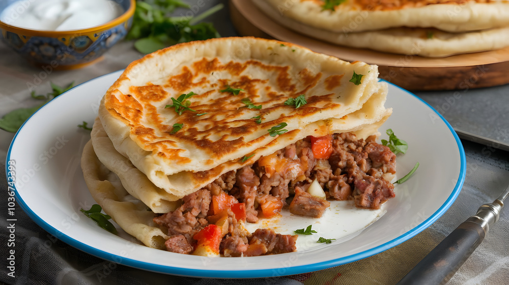 Saudi Murtabak: Stuffed flatbread filled with a savory mixture of minced meat, onions, and spices. Crispy on the outside, with flavorful filling spilling out, served hot with yogurt or salad on the si