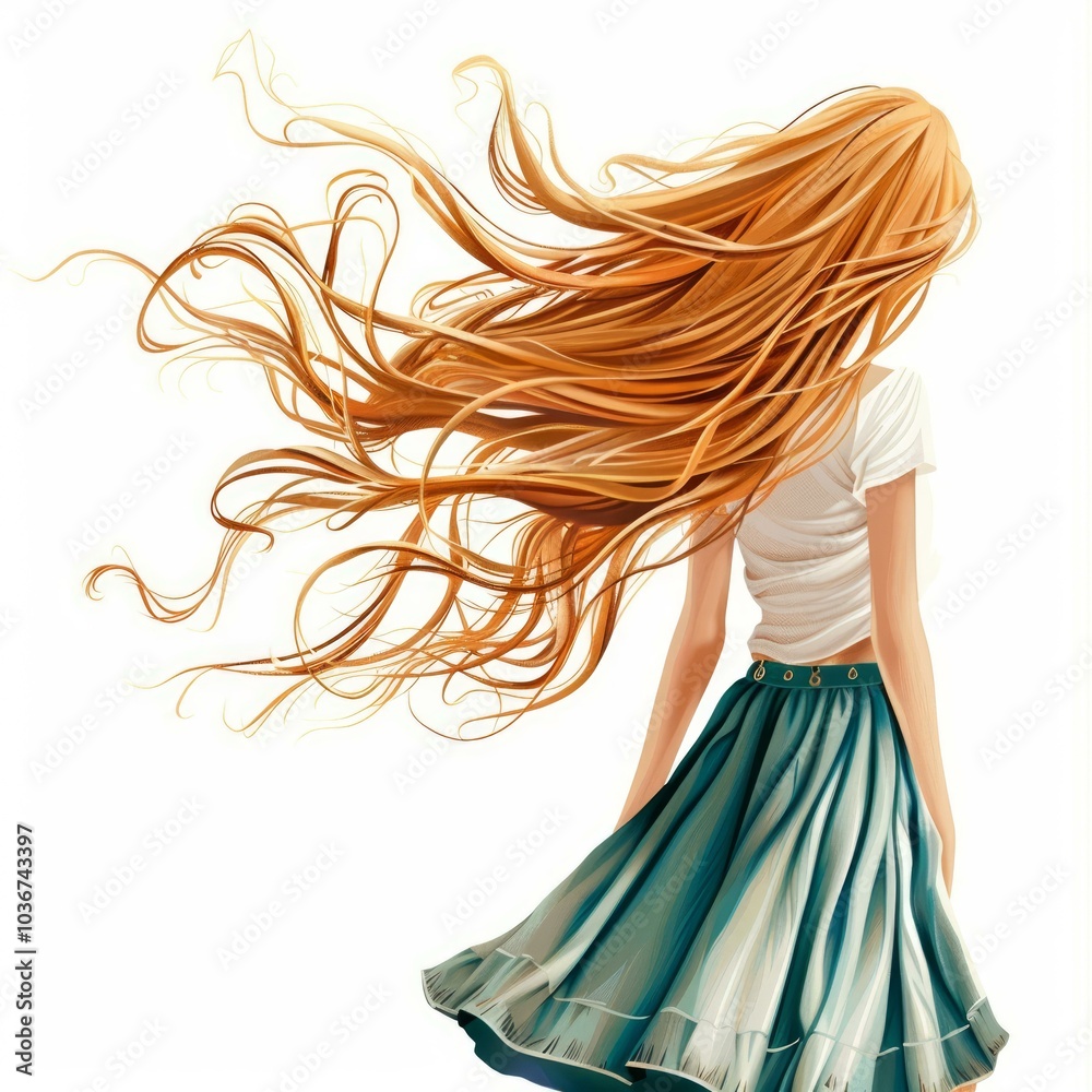 Young woman with long red hair flowing in the wind is walking away Young woman with long red hair flowing in the wind is walking away