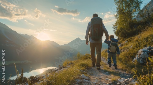 A father and son hike along a mountain trail, enjoying the scenic view.