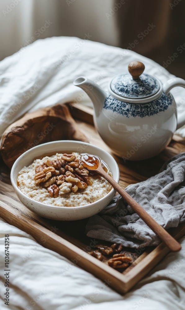 Oatmeal with nuts and honey in a bowl on a Oatmeal with nuts and honey in a bowl on a