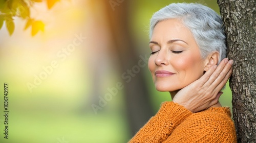 Woman hugging green tree in forest, embracing tree trunk with hands. Giving hug to old tree - concept of nature love, sustainable development and environment protection photo