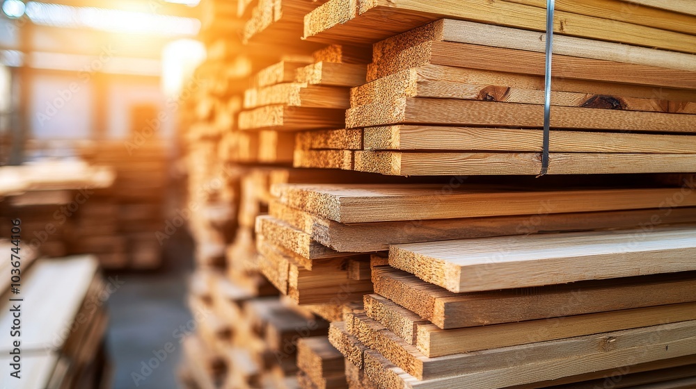 Stacked Pine Wood Planks in Modern Industrial Setting,Industrial Wood Storage and Organization, Wood Processing and Production