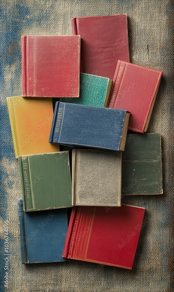 Fototapeta premium Antique books piled on textured surface.