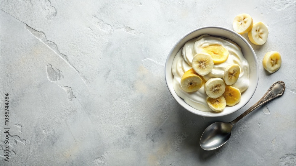 White Yogurt with Banana in a Bowl Top View - Healthy Breakfast, Natural Ingredients, Fresh Fruit, Dairy Products, Nutritious Snack, Homemade Recipe, Delicious Dessert, Wholesome Food, Clean Eating