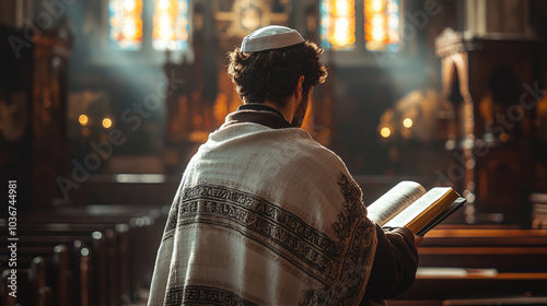 Man reading religious text in a synagogue