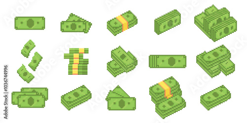 Pixel art cash banknotes. Pixelated money, dollar bills stacks and piles of cash. Digital currency, financial retro arcade game icons with retro gaming aesthetic vector illustrations set.