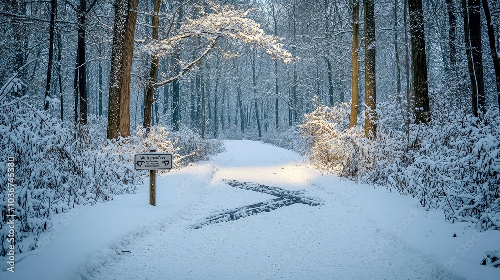 Fototapeta premium A snowy forest path with a wooden signpost.