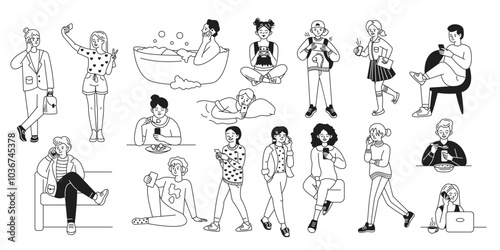 People using smartphones in different situations linear vector icons set. Concept of digital dependency characters illustration collection