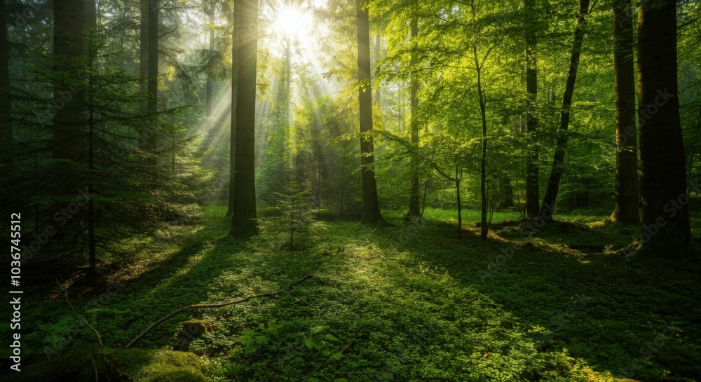 Obraz premium Sunlight shining through dense forest trees
