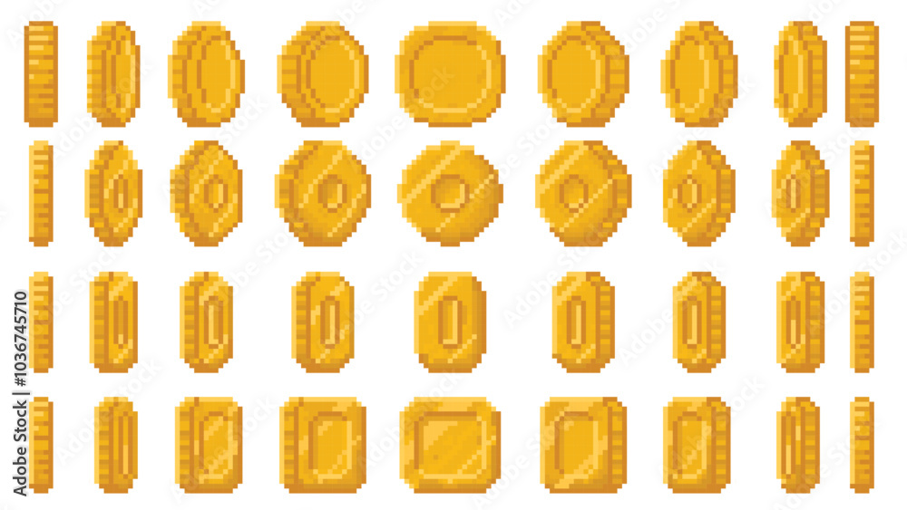 Pixel art coin animation. Spinning money, golden scent circle, oval and rounded square coins 360 angles animated loop for pixelated 8bit arcade retro video games vector set.