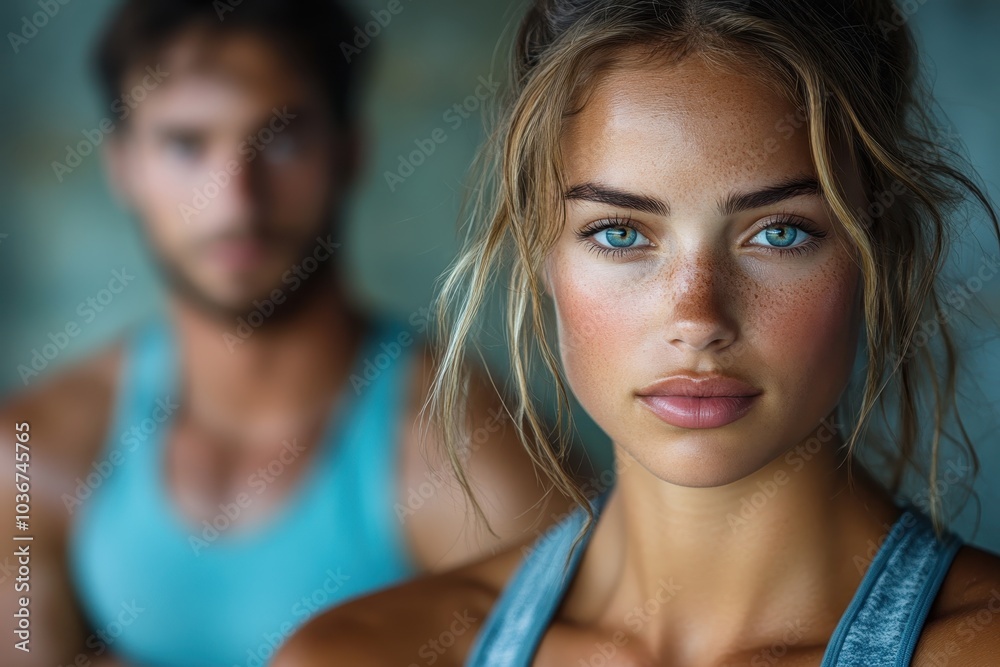 A focused woman with striking blue eyes poses in a fitness studio while a man is blurred in the background A focused woman with striking blue eyes poses in a fitness studio while a man is blurred in the background