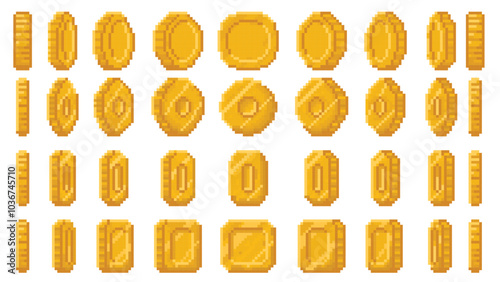 Pixel art coin animation. Spinning money, golden scent circle, oval and rounded square coins 360 angles animated loop for pixelated 8bit arcade retro video games vector set.