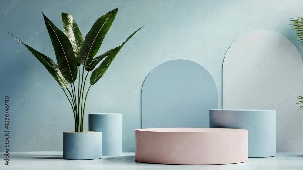 A plant sits in front of a pale blue background with three podiums in front of it A plant sits in front of a pale blue background with three podiums in front of it