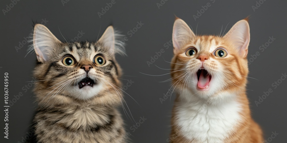 Two cats looking shocked with exaggerated expression and open mouths Two cats looking shocked with exaggerated expression and open mouths