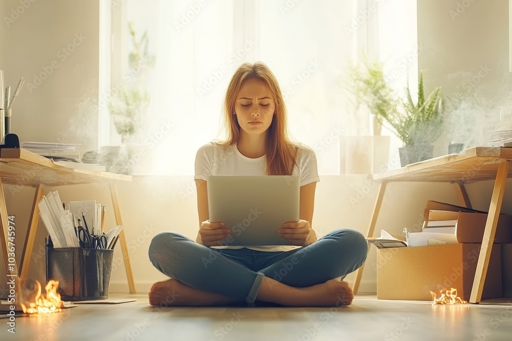 Young businesswoman having a burnout at work, Generative AI Young businesswoman having a burnout at work, Generative AI
