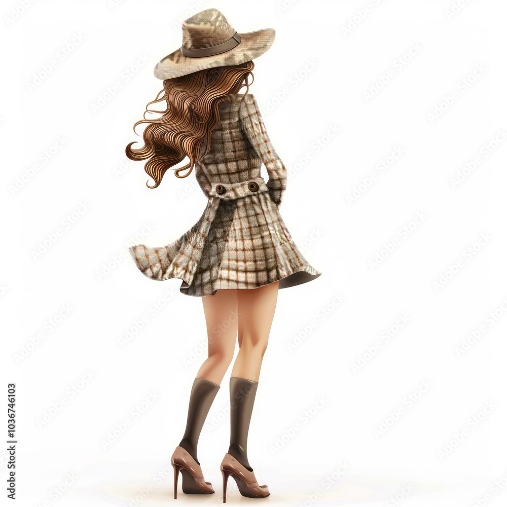 Young woman with long brown hair wearing a hat and coat is walking away from the camera Young woman with long brown hair wearing a hat and coat is walking away from the camera