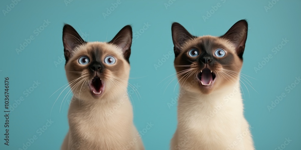 Two Siamese cats looking shocked with exaggerated expression and open mouths Two Siamese cats looking shocked with exaggerated expression and open mouths