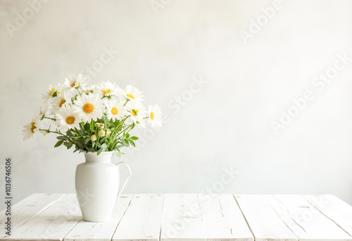 Daisy flower in the beautiful vase on the light white wood table with vintage background in the living room french style bright light from the window