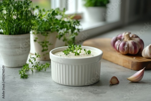 food photography, fresh garlic sauce in a ramekin, nestled among herbs and bulbs, on the table of a bright scandinavian kitchen with a large window photo