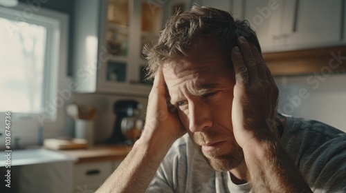 Young businessman experiencing a headache while working alone at home, appearing stressed and unhappy. Individual looks troubled and concerned