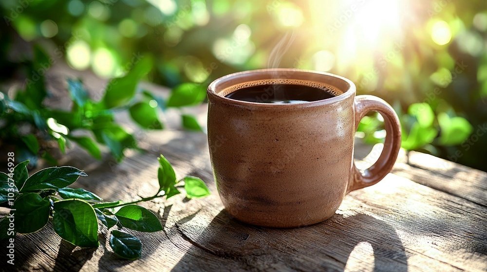 A steaming cup of coffee on a wooden table outdoors with green leaves in the background and sunlight streaming through the leaves. A steaming cup of coffee on a wooden table outdoors with green leaves in the background and sunlight streaming through the leaves.