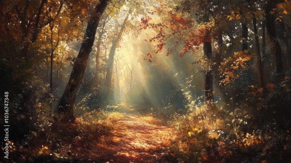 Sunbeams Through Autumn Forest Sunbeams Through Autumn Forest