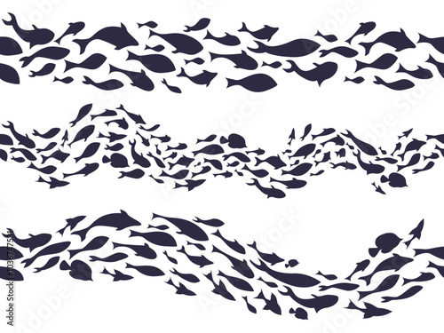 Fish school silhouette. Ocean marine life pattern of reef fishes, shoal of fish wavy line aquatic decor for seafood, aquarium or nautical design. Seamless horizontal divider vector illustration set.