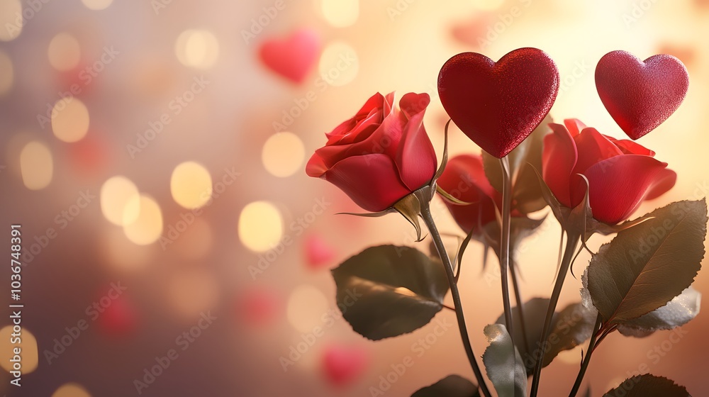 Obraz premium Valentine's Day cake shaped like a heart surrounded by candles: 3D rendering of a heart-shaped cake decorated with roses and surrounded by glowing candles in a romantic setting