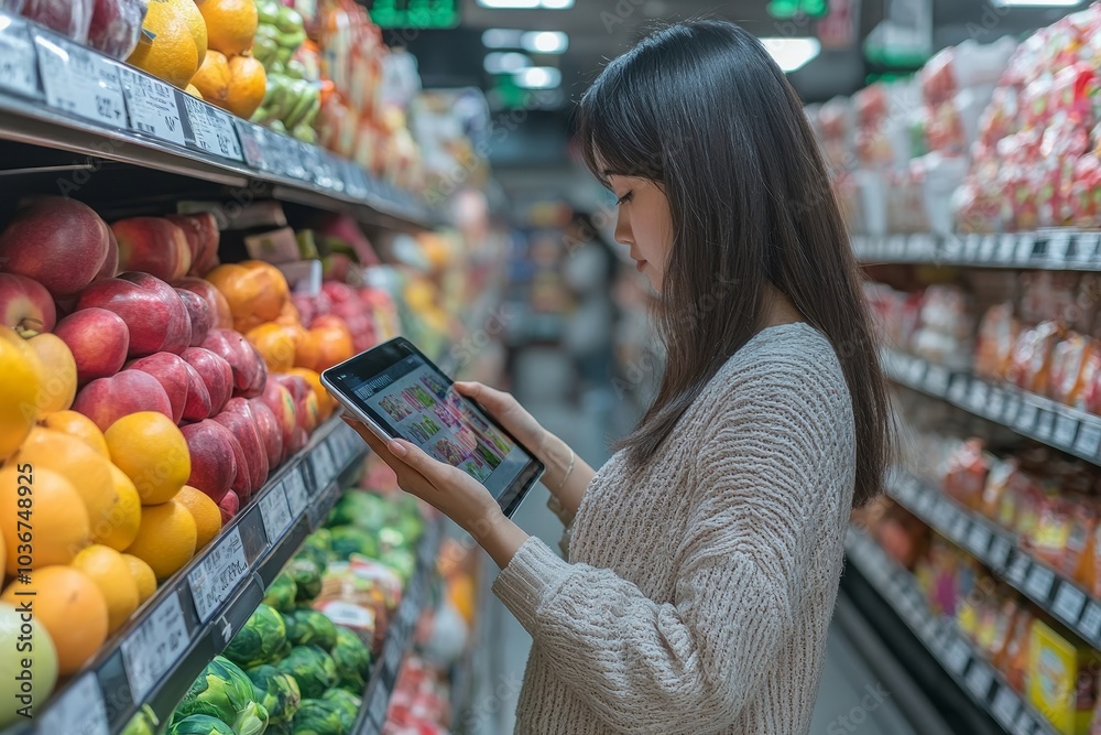 Shop owner using a digital tablet in her grocery store, Generative AI Shop owner using a digital tablet in her grocery store, Generative AI