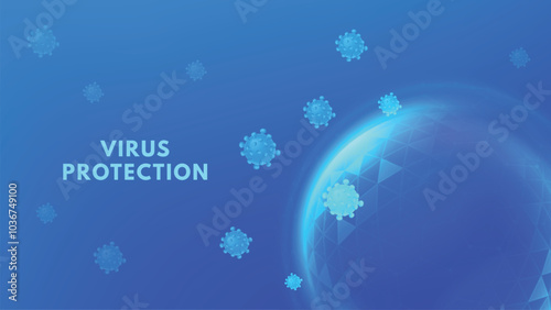 Virus protection. Glowing sphere shield against viral threats, floating virus icons around secure dome shield. Health safety or antivirus concept vector illustration.