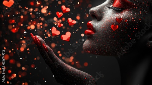 A woman blows red hearts into the air, surrounded by bokeh lights.