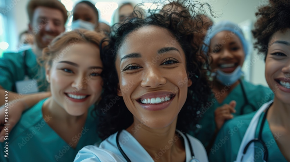 Cheerful group portrait and selfie of medical staff showcasing unity, happiness, and diversity, perfect for updating our online profile and emphasizing teamwork and trust Cheerful group portrait and selfie of medical staff showcasing unity, happiness, and diversity, perfect for updating our online profile and emphasizing teamwork and trust