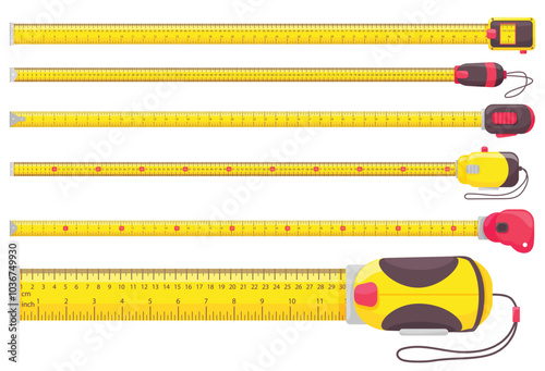 Carpenter measuring tape ruler. Yellow tape measures with metric and imperial measurements, inches and centimeters scales. Length isolated vector illustrations set.