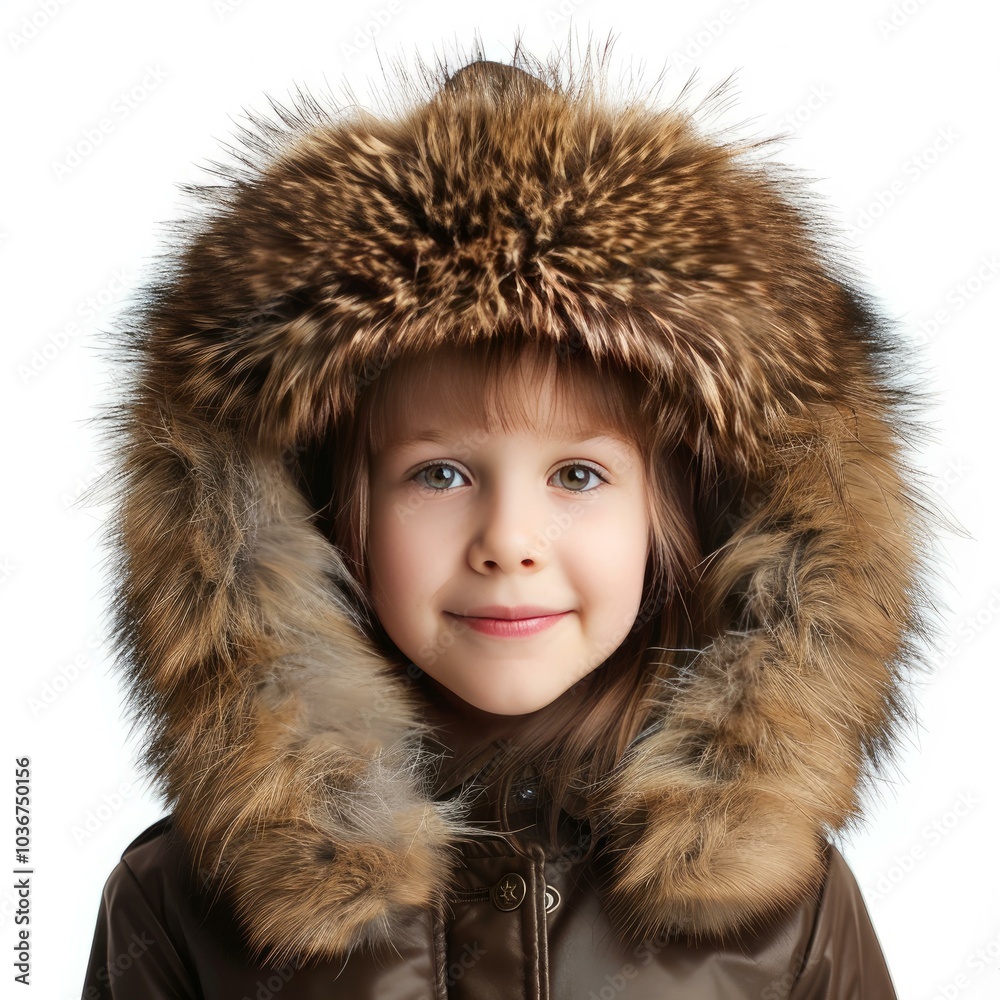 Young girl is smiling while wearing a winter coat with a fur hood Young girl is smiling while wearing a winter coat with a fur hood
