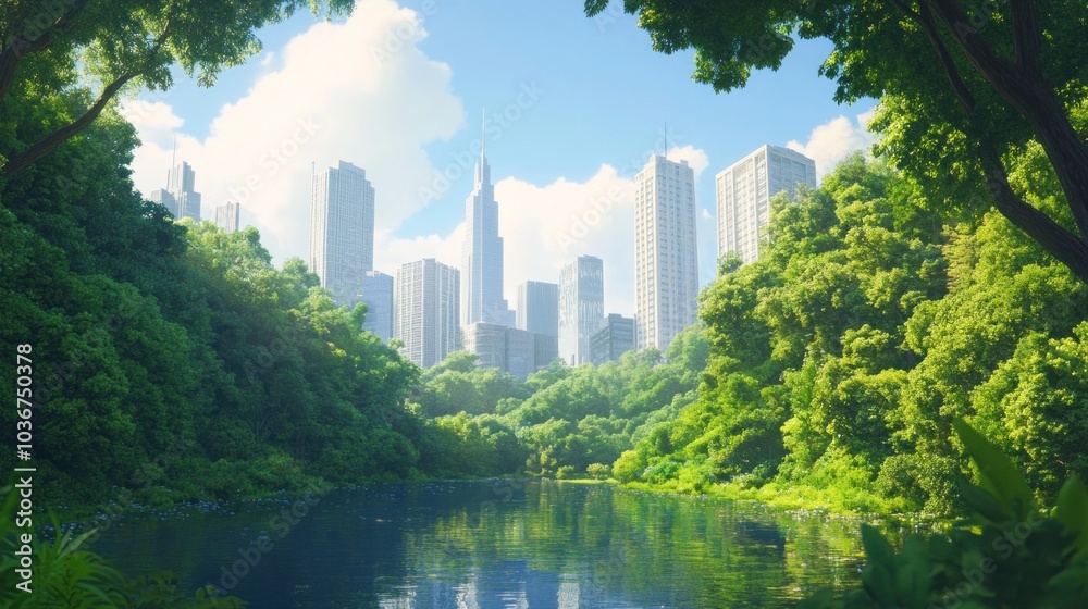 Fototapeta premium Tranquil scene merging a verdant forest with towering skyscrapers.