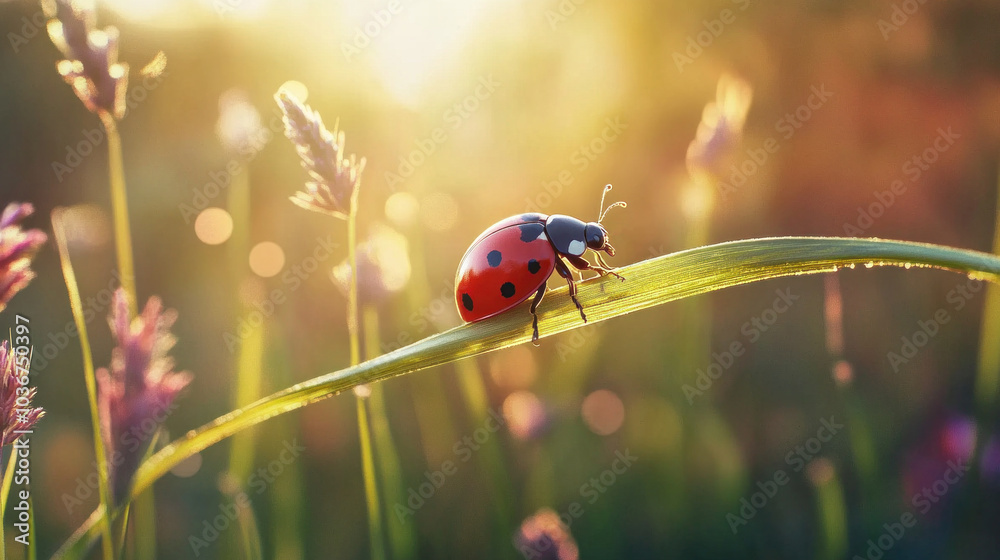 Ladybug on grass blade under warm sunlight, showcasing nature's beauty. Copy space. Ladybug on grass blade under warm sunlight, showcasing nature's beauty. Copy space.